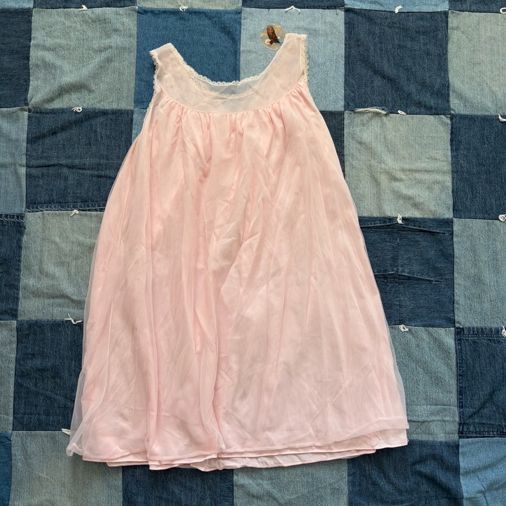 60s babydoll lace dress baby pink nightgown size M - Picture 3 of 8